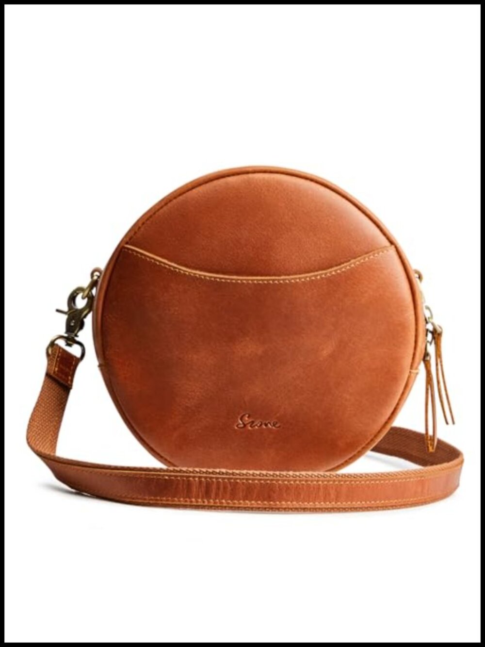 Top Grain Crazy Horse Leather Crossbody Bag Round Circle Shoulder Purse Travel